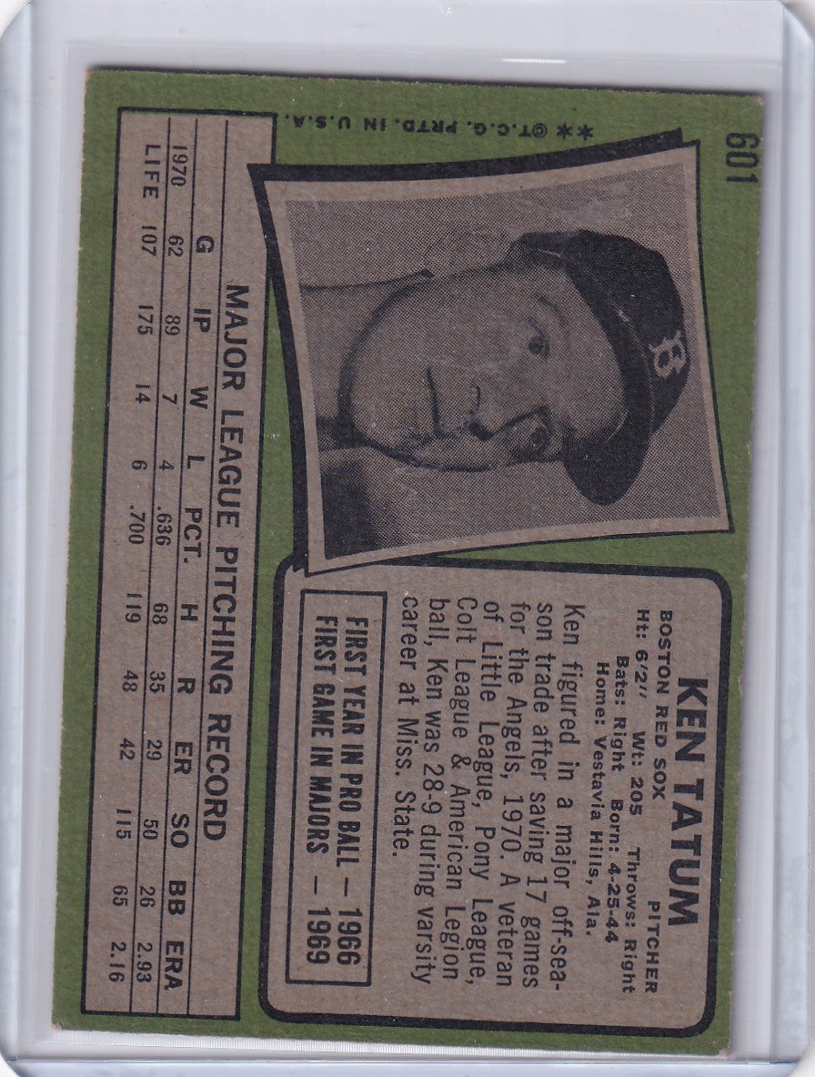 Vintage 1971 Topps Baseball card of Ken Tatum featuring Boston Red Sox portrait