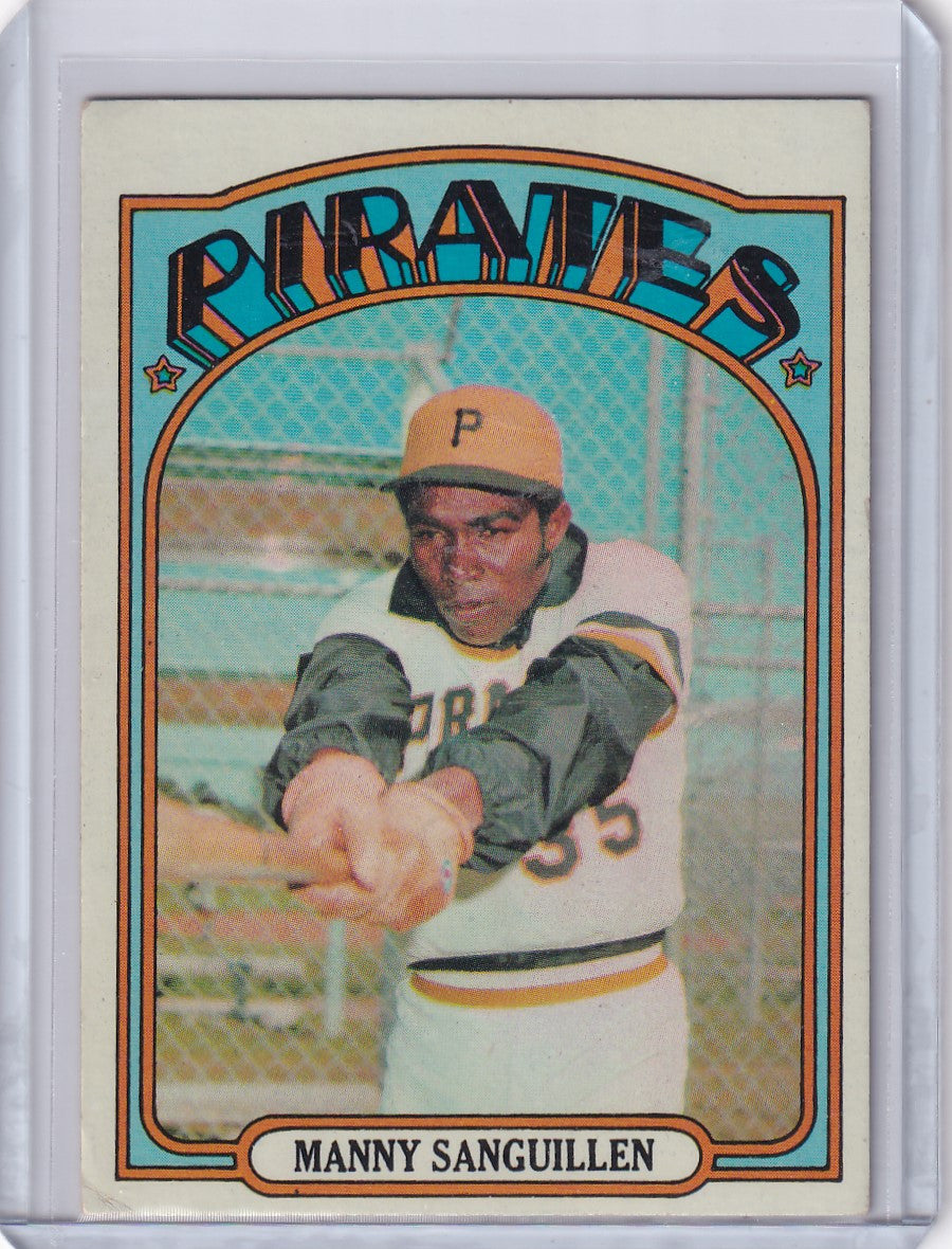 Vintage 1972 Topps Baseball card of Manny Sanguillen with Pittsburgh Pirates design