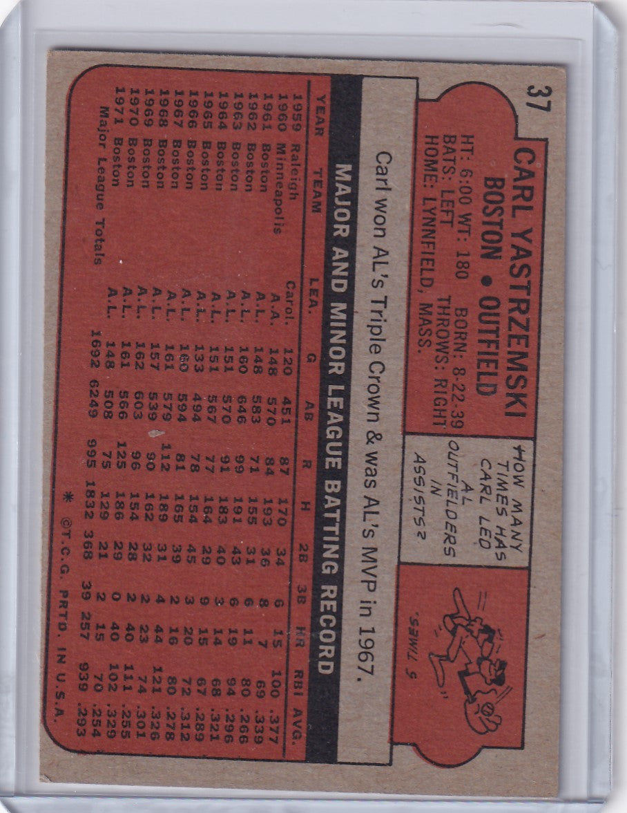 Vintage red Topps Baseball card of Carl Yastrzemski from the Boston Red Sox