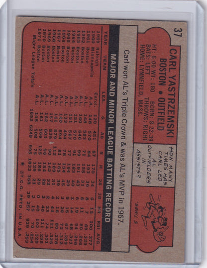 Vintage red Topps Baseball card of Carl Yastrzemski from the Boston Red Sox