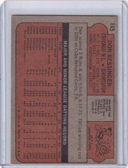 Vintage 1972 Topps Baseball card of Don Kessinger with Chicago Cubs stats on pink background