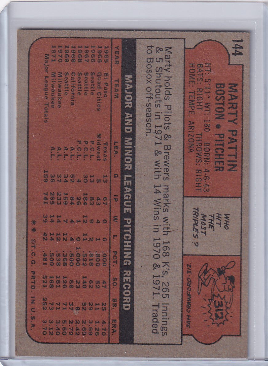 Back side of 1972 Topps Baseball card for Marty Pattin, Boston Red Sox player stats