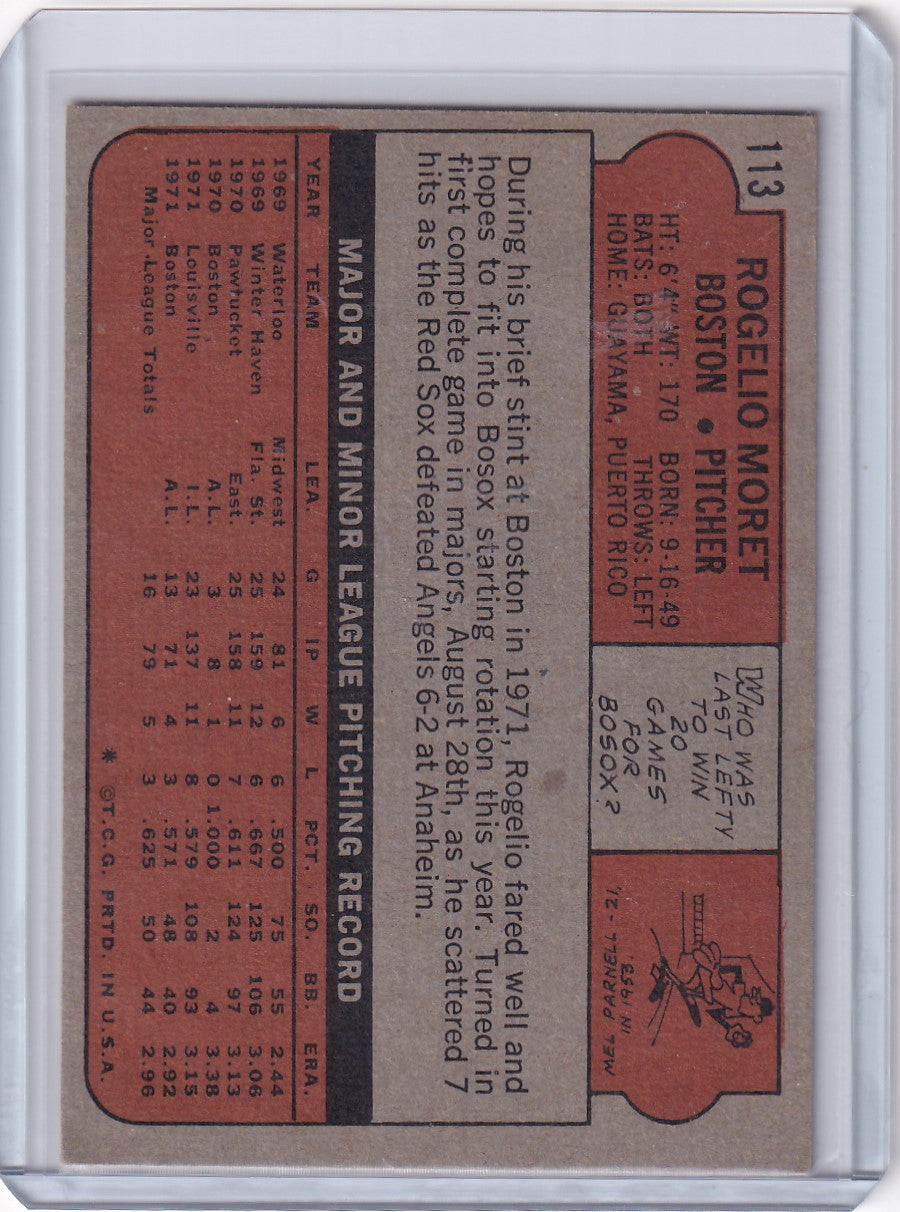 1972 Topps Baseball #113 Rogelio Moret card featuring Boston Red Sox statistics