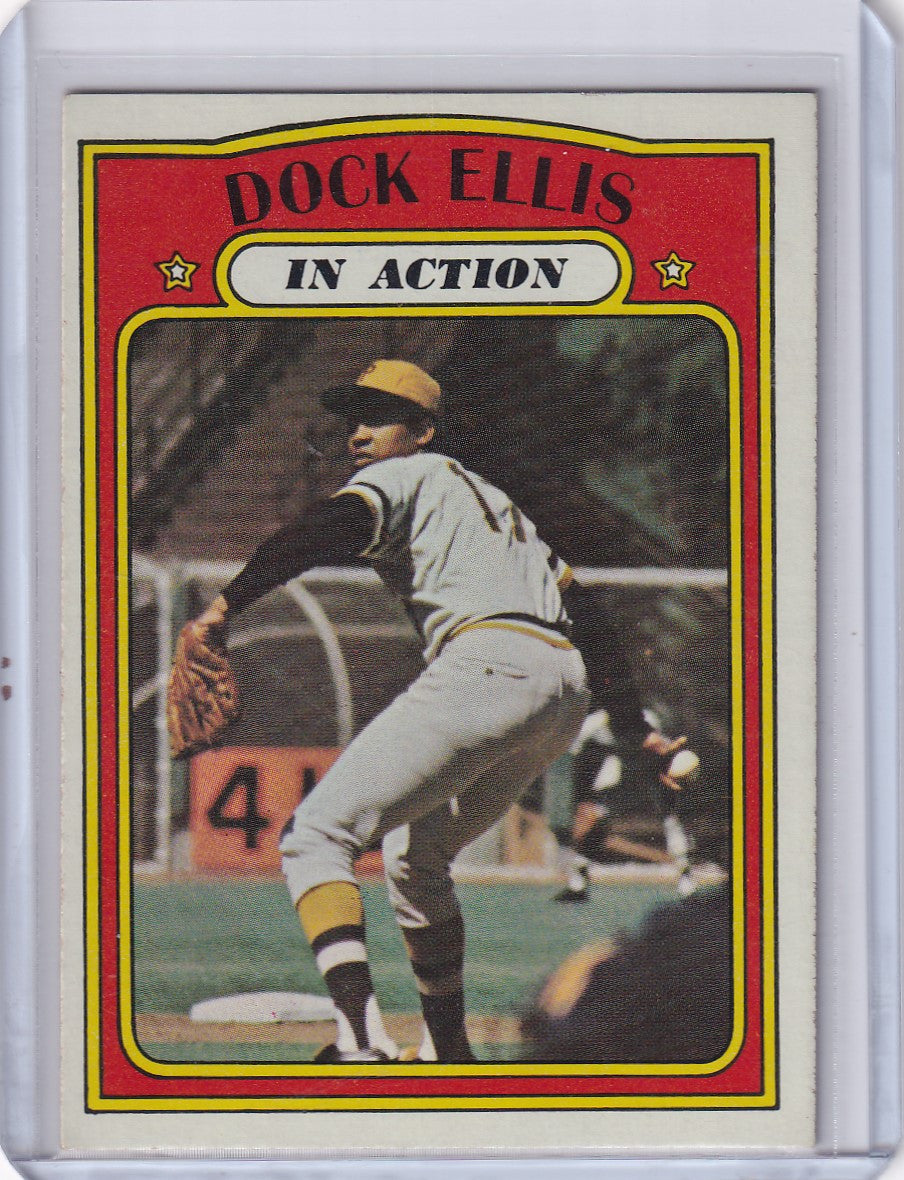 Vintage 1972 Topps Baseball card of Dock Ellis, Pittsburgh Pirates pitcher in mid-delivery