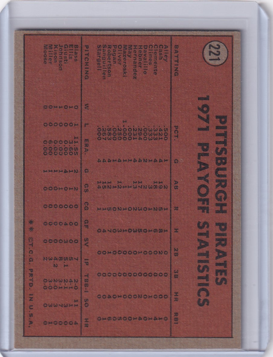 Red 1971 Pittsburgh Pirates baseball statistics card from Topps Baseball playoffs Bucs Champs