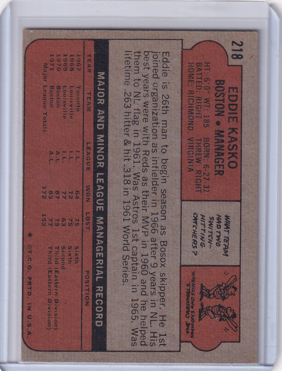 Vintage 1972 Topps Baseball card of Eddie Kasko, Boston Red Sox manager statistics