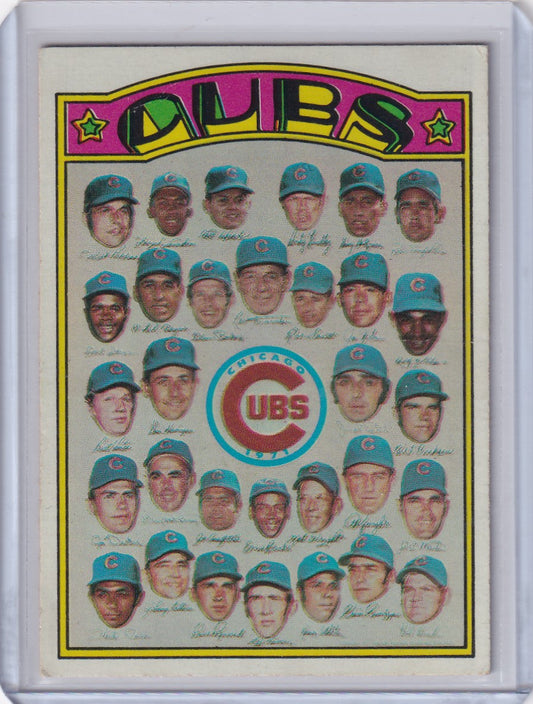 Vintage 1972 Topps Baseball Chicago Cubs team card featuring player headshots and logo