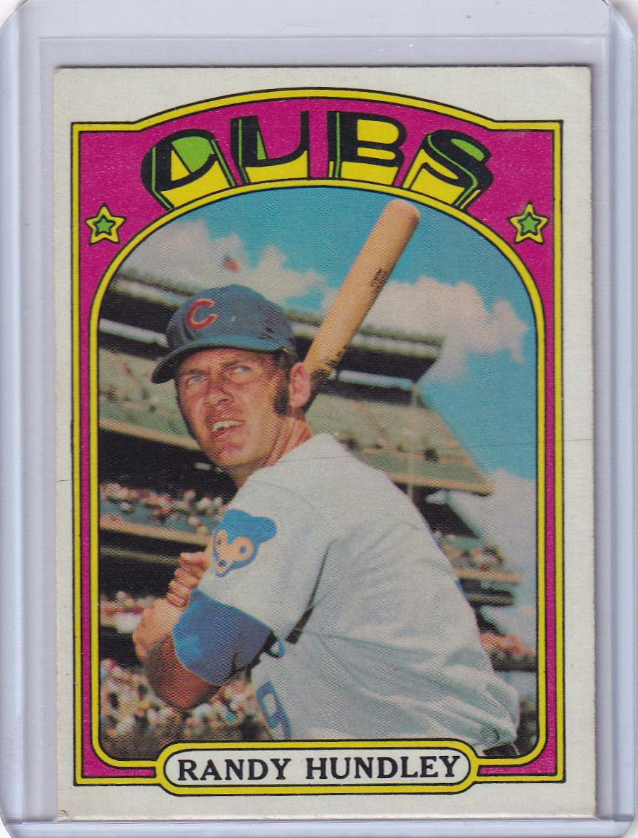 Vintage 1972 Topps Baseball card of Randy Hundley, Chicago Cubs player at bat