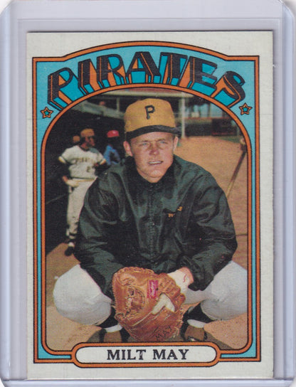 Vintage 1972 Topps Baseball card of Milt May, Pittsburgh Pirates player in black jacket