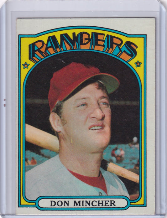 Vintage 1972 Topps Baseball card of Don Mincher, Texas Rangers player in red cap