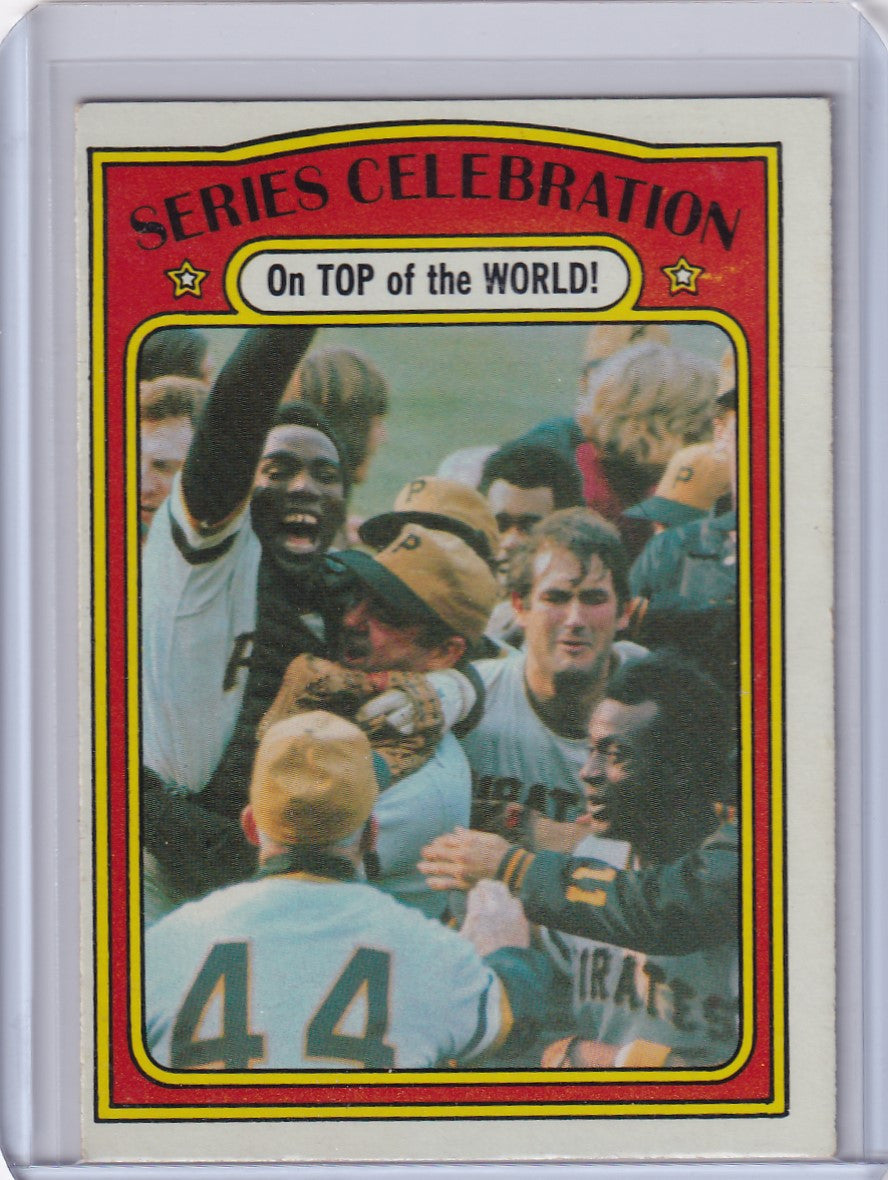 Vintage Topps Baseball card showcasing Pittsburgh Pirates World Series celebration moment