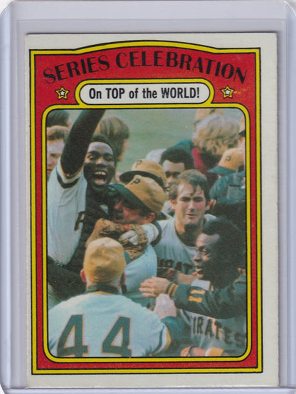 Vintage Topps Baseball card showcasing Pittsburgh Pirates World Series celebration moment