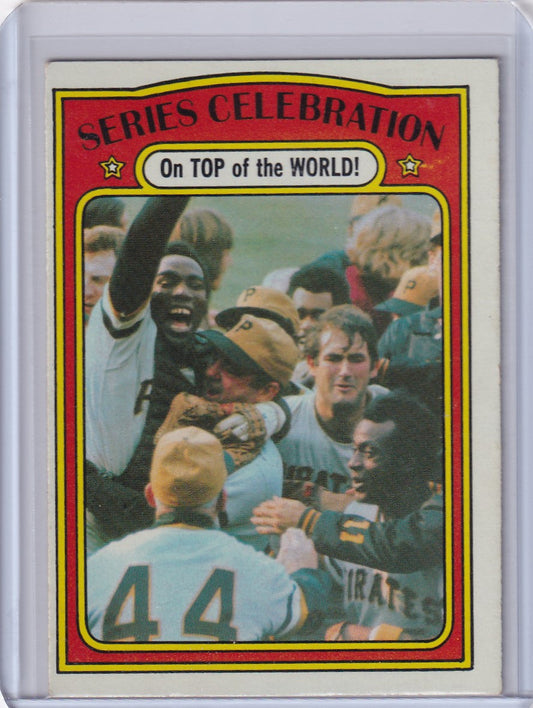 Vintage Topps Baseball card showcasing Pittsburgh Pirates World Series celebration moment