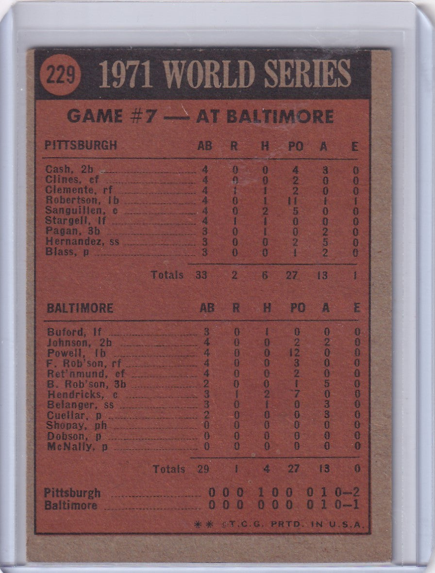 1971 World Series Game 7 scorecard of Pittsburgh vs Baltimore for Topps Baseball card