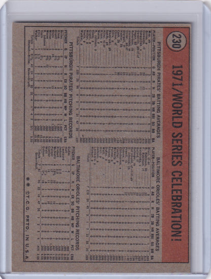 1972 Topps Baseball #230 Series Celebration Pittsburgh Pirates card back with stats and box scores