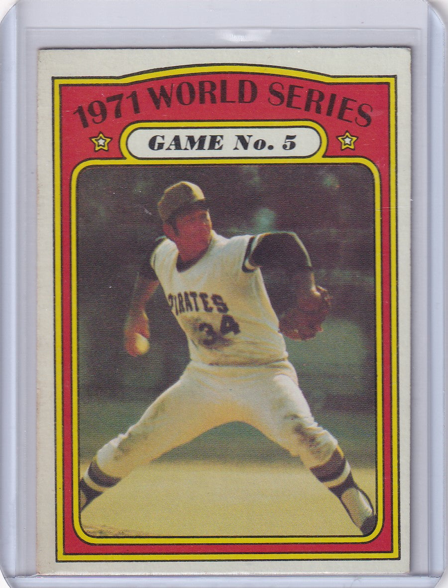 Baseball card of 1971 World Series Game 5 featuring Pirates pitcher in mid-delivery