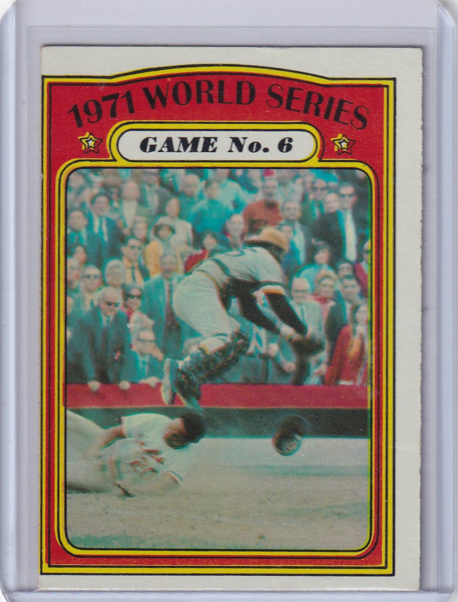 1972 Topps Baseball #228 featuring a play at home plate from World Series Game 6