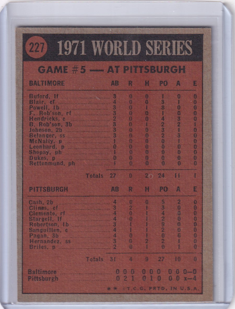 Baseball card of 1971 World Series Game 5 box score featuring Topps Baseball design