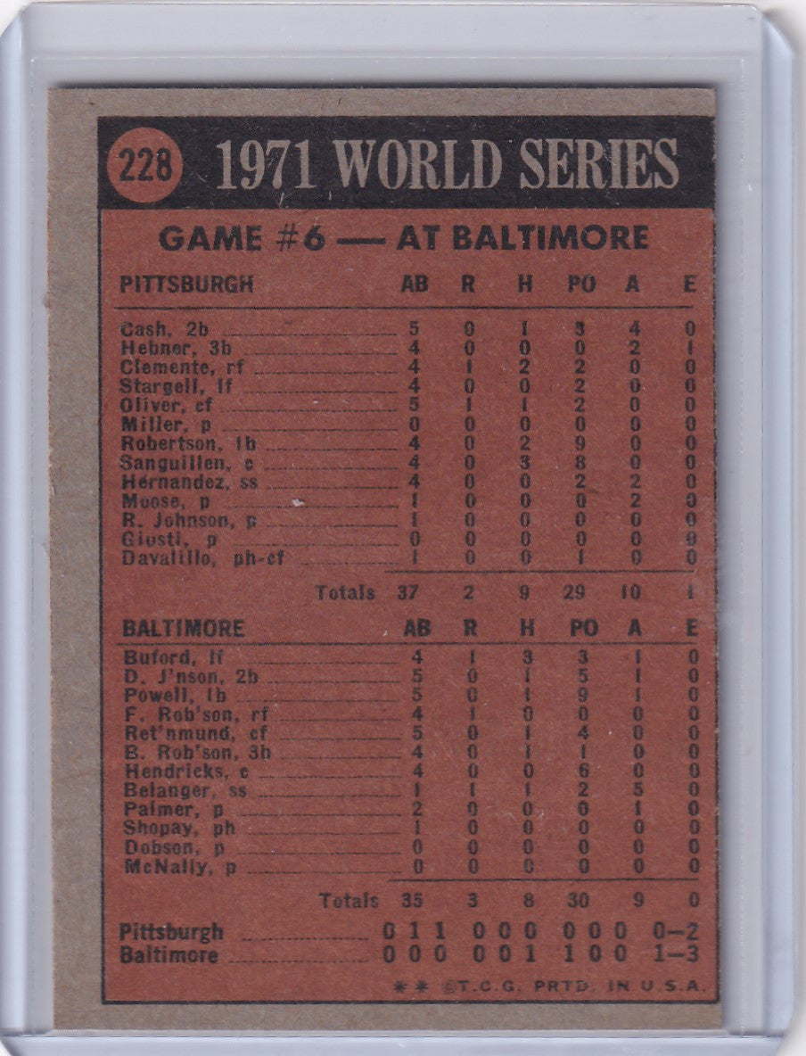 Baseball scorecard from World Series Game 6, 1971, featuring Topps Baseball collectible