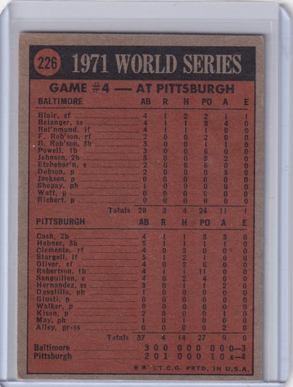 Baseball card featuring 1971 World Series Game 4 box score, Topps Baseball collectible