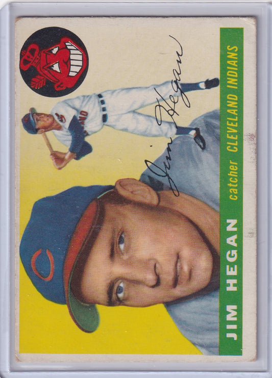 Vintage 1955 Topps baseball card of Jim Hegan - Cleveland Indians player in blue cap