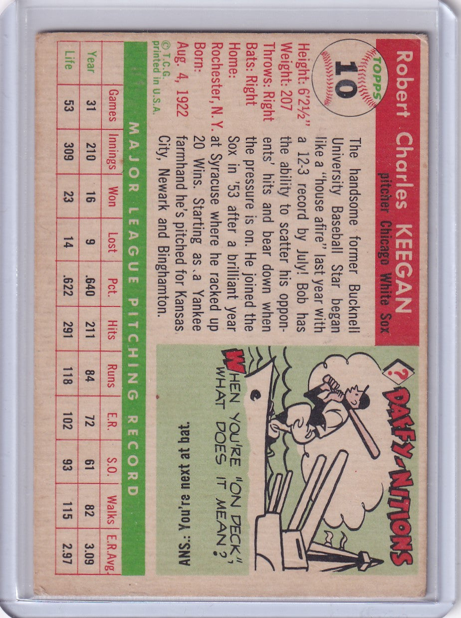 Vintage baseball card featuring Bob Keegan of the Chicago White Sox with cartoon artwork