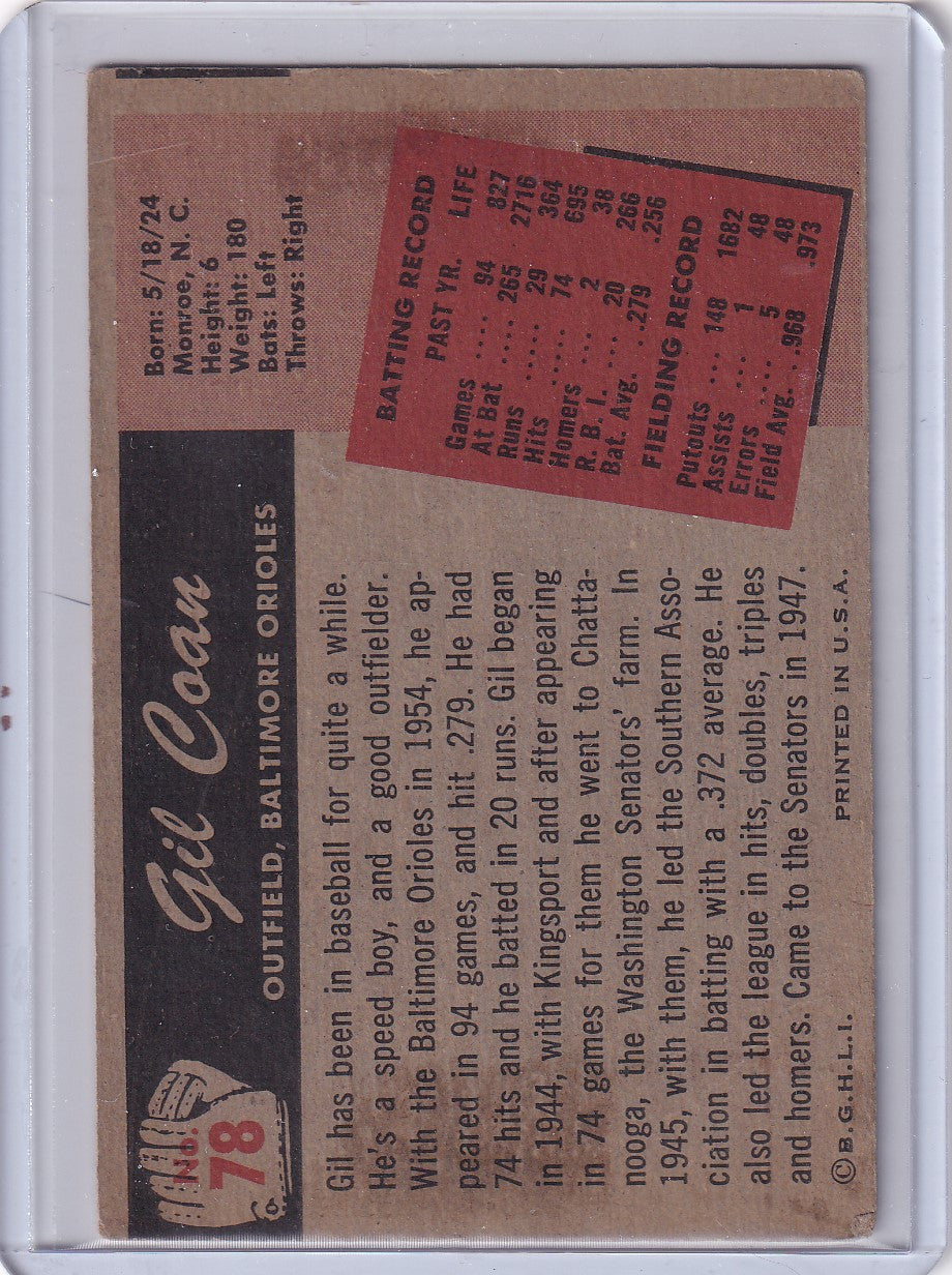 Back view of 1955 Bowman Baseball #78 Gil Coan card with stats for Baltimore Orioles