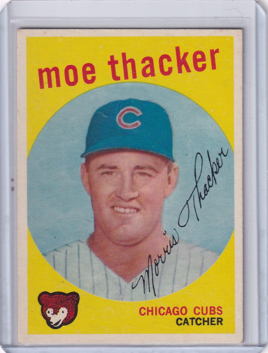 Vintage 1959 Topps Baseball card of Moe Thacker, Chicago Cubs catcher with blue cap