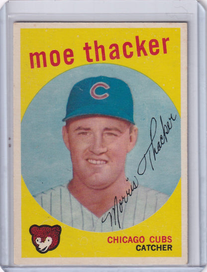 Vintage 1959 Topps Baseball card of Moe Thacker, Chicago Cubs catcher with blue cap