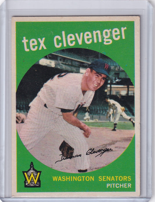 Vintage 1959 Topps Baseball card of Tex Clevenger, Washington Senators pitcher