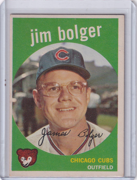 Vintage 1959 Topps Baseball card featuring Jim Bolger and Chicago Cubs team logo