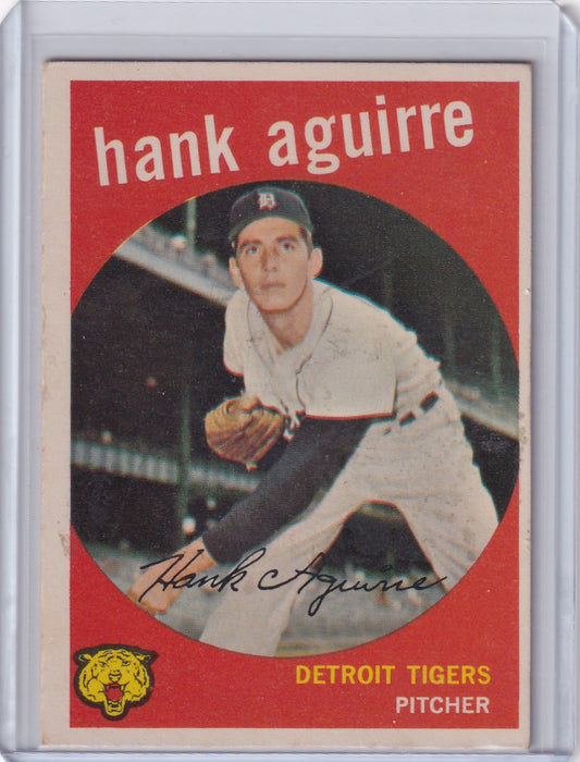 1959 Topps Baseball card of Hank Aguirre in pitching stance for Detroit Tigers