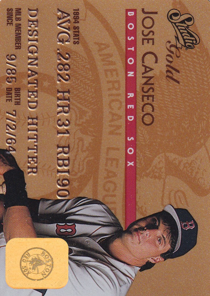 Baseball card of Jose Canseco in gray away uniform from 1995 Leaf Studio Baseball Gold