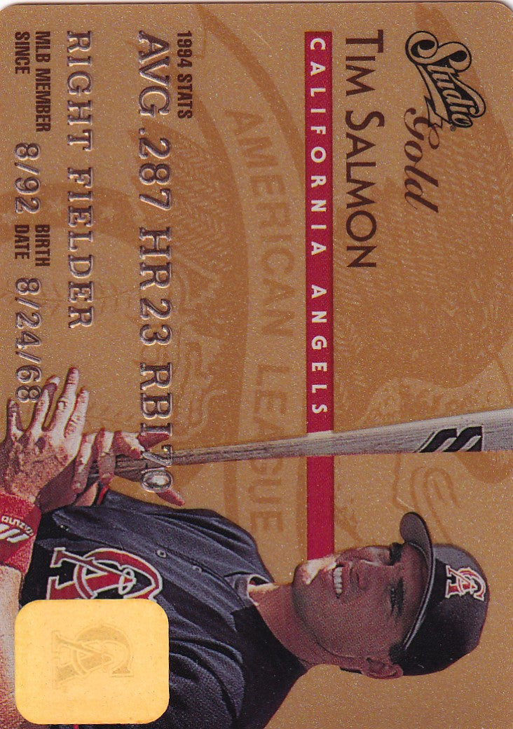 Baseball card featuring Tim Salmon in Anaheim Angels uniform from Leaf Studio Baseball Gold