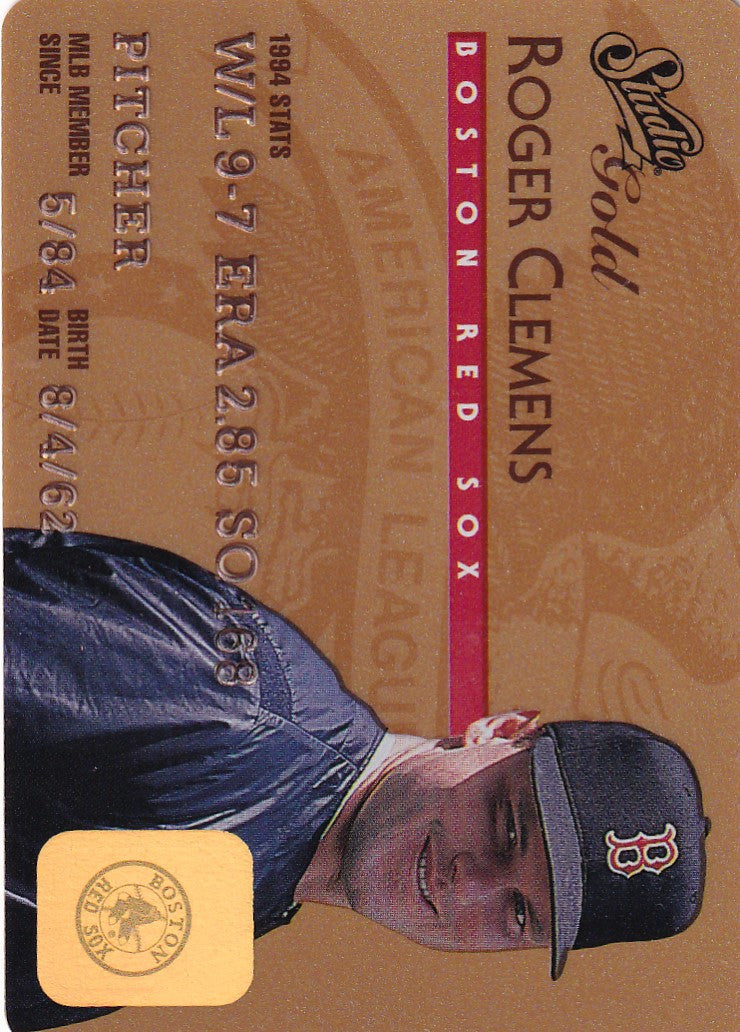 Baseball card of Roger Clemens in a navy cap from 1995 Leaf Studio Baseball Gold Credit