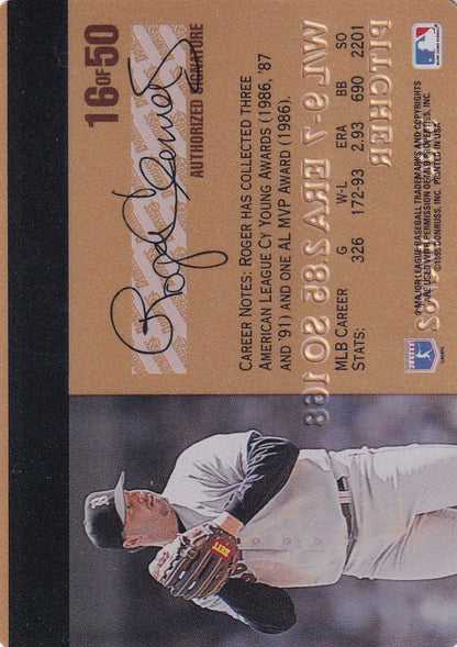 Baseball trading card of Roger Clemens showcasing mid-delivery in a white uniform