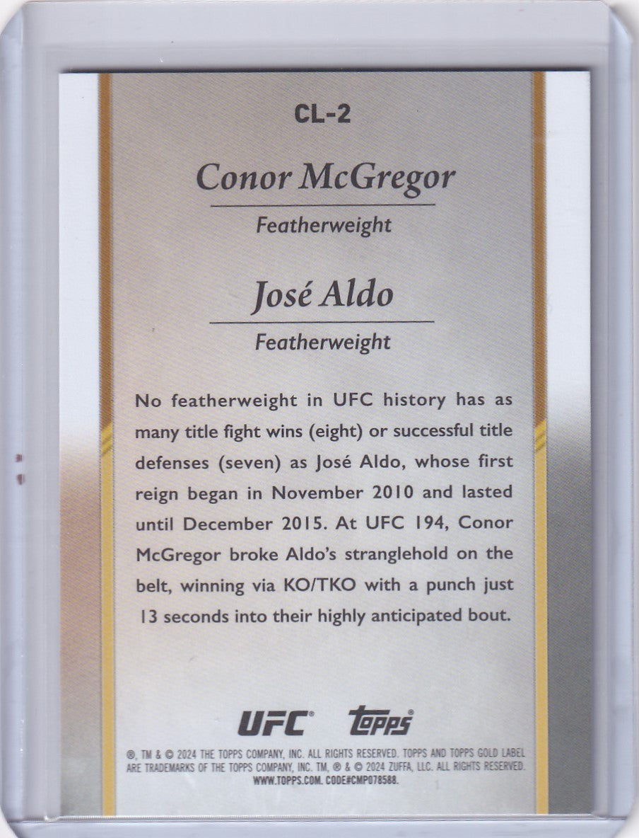 UFC trading card featuring Conor McGregor and José Aldo from Topps Gold Label Championship