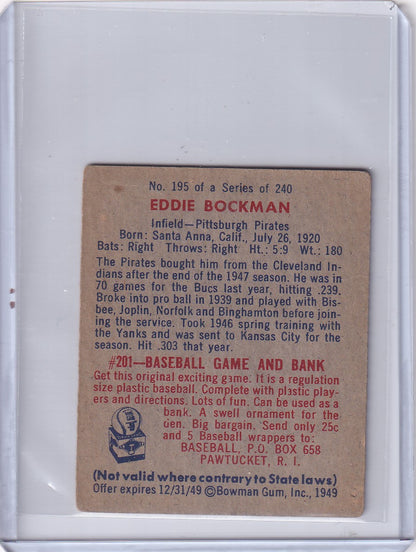 1949 Bowman Baseball #195 Eddie Bockman RC - Pittsburgh Pirates