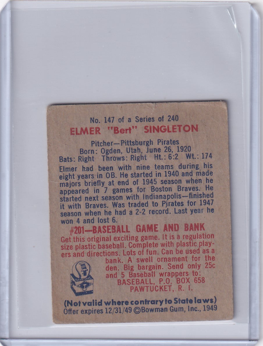 1949 Bowman Baseball #147 Elmer "Bert" Singleton RC - Pittsburgh Pirates