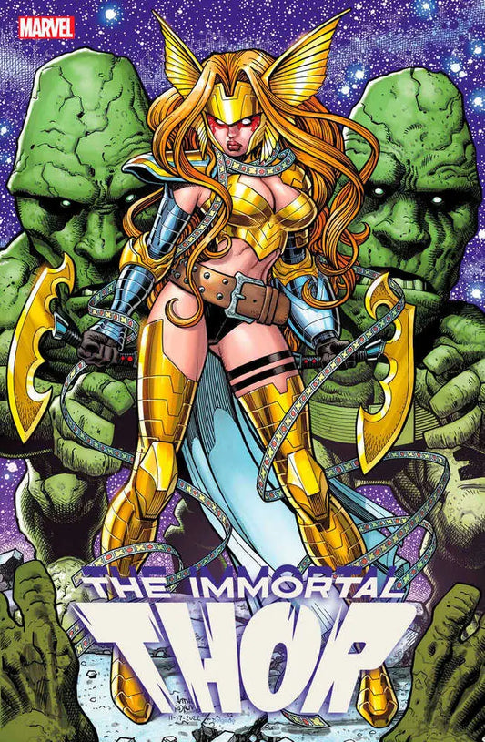 Comic book cover of Immortal Thor with armored warrior, Hulk figures, and starry sky