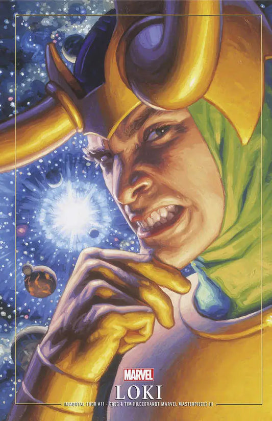 Loki in golden helmet and green costume from Immortal Thor trading cards art