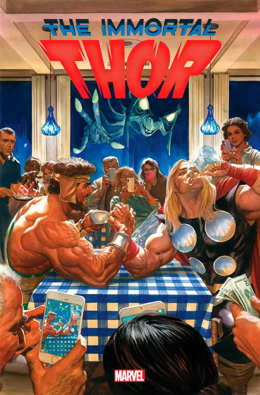 Comic book cover of Immortal Thor featuring an arm wrestling match on checkered cloth