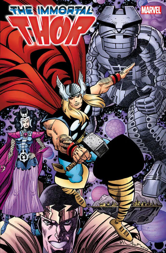 Comic book cover of Immortal Thor #13 featuring Thor battling robots in space