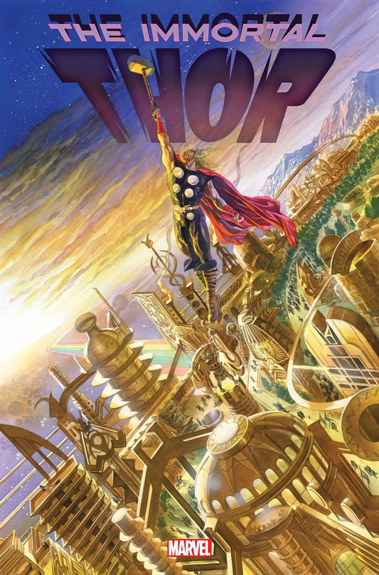 Comic book cover of Immortal Thor #15 with Thor wielding Mjolnir among golden structures