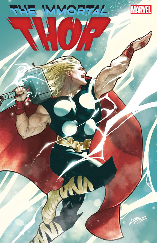 Dynamic comic book cover art of Immortal Thor wielding Mjolnir in action