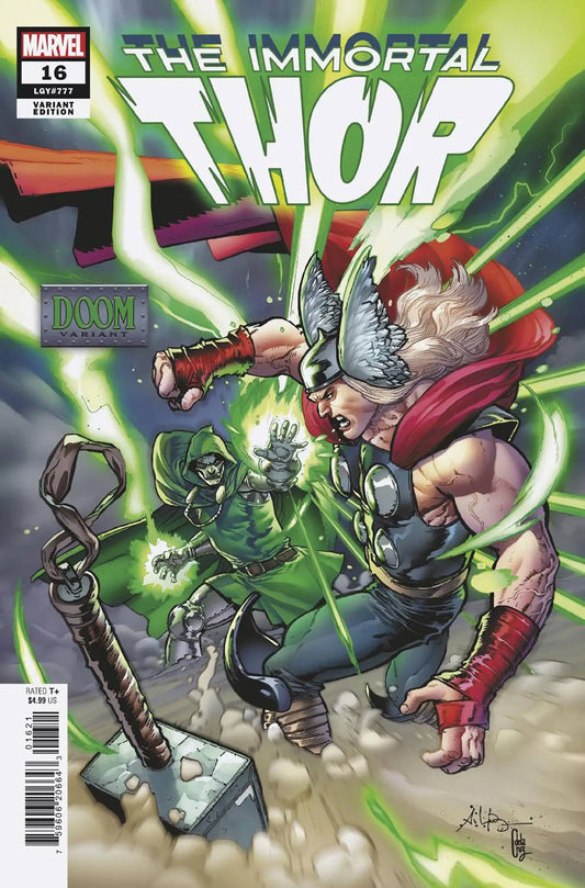 Comic book cover of Immortal Thor #16 with Thor wielding Mjolnir and green energy effects