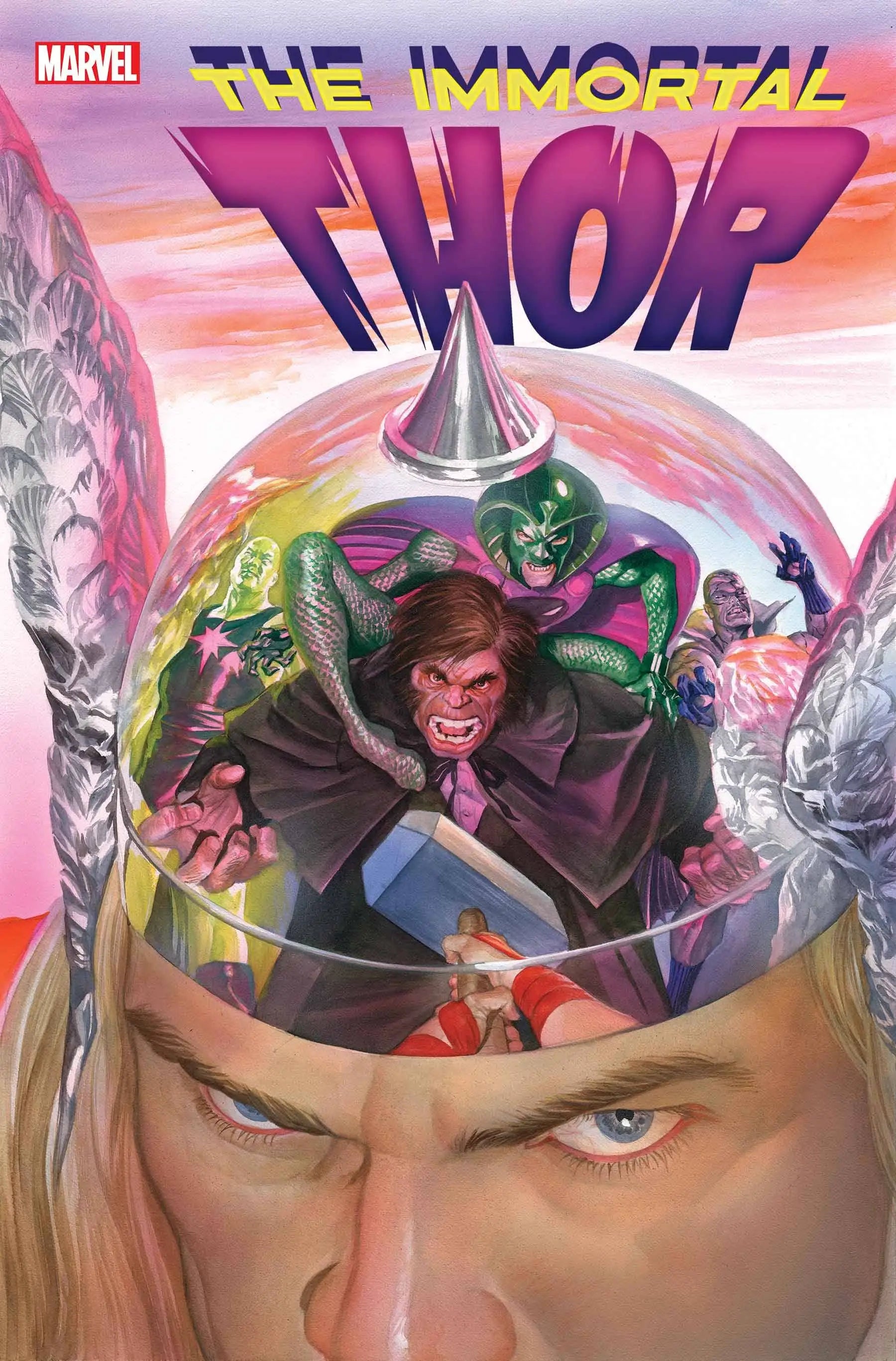 Immortal Thor #18 comic book cover features a reflective helmet with villains