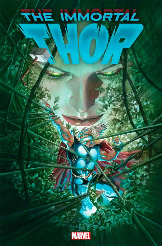 Comic book cover art for Immortal Thor #8 with Thor wielding Mjolnir in green foliage