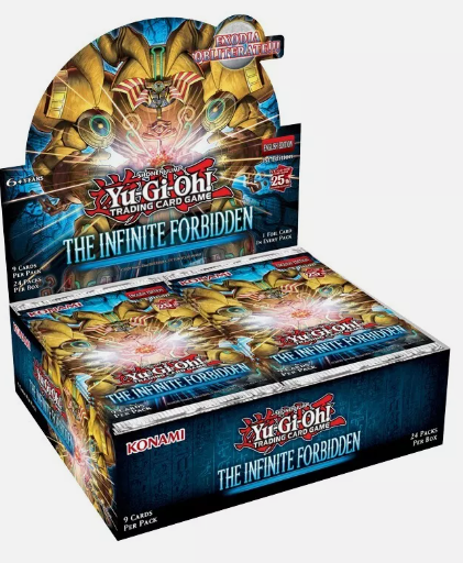 Yu-Gi-Oh! The Infinite Forbidden booster box display showcasing spell card artwork