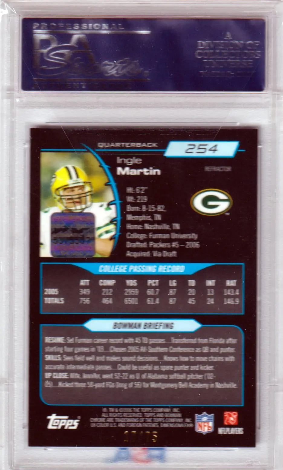 NFL trading card of Ingle Martin in protective case, featuring Blue Refractor Autograph